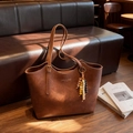Brown vintage faux leather tote bag with elegant gold lettering and beaded charm - Brown with Pendant