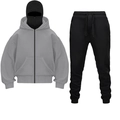 Detalle de sudadera gris con capucha y máscara pasamontañas y pantalón deportivo negro - S / Top Y Pantalón / Gris