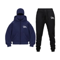 Detail of navy blue hoodie with built-in face mask and matching black joggers set - Navy Blue
