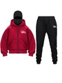 Detail of red zip-up hoodie with integrated black face mask and monster logo print - Red