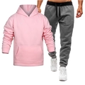 Men's sports tracksuit set featuring pink drawstring hoodie and charcoal grey jogger pants - Pink Hoodie And Dark Gray Pants