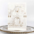 Elegant 3D laser-cut wedding invitation card with gold foil castle and carriage on a plate - White
