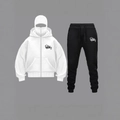 Set felpa bianca con cappuccio e maschera e pantaloni sportivi neri stile street wear - S / Bianco