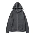 Detail of grey hooded zip-up sweatshirt showing neckline tag and fleece fabric texture - Dark Gray