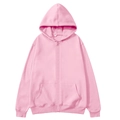Detailed view of pink zip-up hoodie featuring split kangaroo pockets and ribbed cuffs - Pink