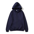 Detail of navy blue zip-up hoodie showing drawstring hood and white size L neck label - Navy Blue