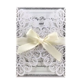 Elegant laser cut wedding invitation with peacock lace, silver glitter and satin ribbon - White