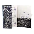 Detailed laser cut navy blue wedding invitation with gold glitter and floral inner card - Dark Blue
