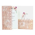 Close-up of laser-cut lace pattern wedding invitation with rose gold glitter finish - Rose Gold