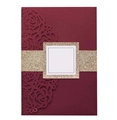 Detail of burgundy laser-cut rose card with a gold glitter belly band and blank tag label - Standard Type / Dark Red