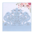 Detail of laser-cut lace wedding invitation with floral insert and intricate vine patterns - Fog Blue