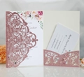 Detail of rose gold glitter laser-cut floral wedding invitation with RSVP card set - Pink