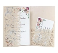 Detail view of champagne laser-cut wedding invitation pocket with floral RSVP card set - Champagne Gold