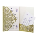 Detail of laser-cut glitter wedding invitation with purple vine patterns and RSVP cards - Gold Yellow