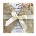 Détail de l'invitation de mariage en dentelle dorée découpée au laser avec ruban satin - Ensemble Complet / Beige Or