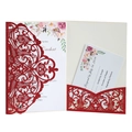 Detail of red laser cut glitter wedding invitation set with floral inner and RSVP card - Red