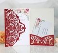 Detailed laser-cut glitter wedding invitation set with floral inner card and RSVP pouch - Red