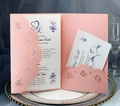Laser-cut pink rose wedding invitation set with elegant lace pocket and printed inserts - Pink