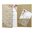 Élégant faire-part de mariage doré découpé au laser avec carte florale sur fond blanc - Beige Or