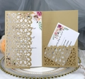 Elegant gold laser-cut floral wedding invitation set with RSVP card and flower detail - Beige Gold
