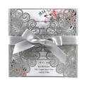 Laser-cut peacock lace wedding invitation set with silver glitter and ribbon - Full Set / Silver Grey