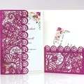 Laser cut magenta glitter wedding invitation with elegant lace patterns and floral insert - Purplish Red