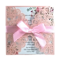 Invitation de mariage rose découpée au laser avec motif dentelle et ruban satin - Ensemble Complet / Rose