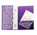Detail of laser-cut purple wedding invitation pocket with floral inner cards - Dark Purple