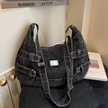 Hobo style washed black canvas messenger bag with metal plaque and utility buckle strap - Black