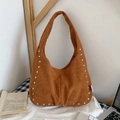 Brown corduroy hobo tote bag with silver rivets and pleated texture for autumn style - Brown
