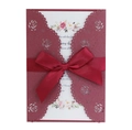 Elegant burgundy laser-cut rose wedding invitation card with red satin ribbon bow - Dark Red