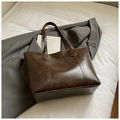 Retro deep brown large tote bag with oil wax leather texture and stitching detail - No Pendant / Brown