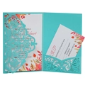 Invito di nozze turchese intagliato al laser con motivo foglia autunnale e RSVP - Blu Tiffany