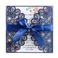 Laser-cut navy blue wedding invitation with scroll patterns and blue silk ribbon - Full Set / Deep Blue