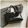 Glossy black faux leather tote bag with large capacity and stylish shoulder straps - No Pendant / Black