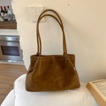 Retro brown matte faux leather tote bag with contrast stitching and shoulder straps - Brown No Pendant