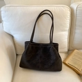 Retro dark brown matte shoulder bag with white contrast stitching and long double straps - Black without Pendant