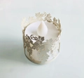 Top view of LED candle with intricate laser-cut grape leaf pattern paper shade - Pearlescent Silver White