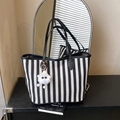 Black and white striped canvas tote bag with black leather straps and plush charm - Black with Pendant