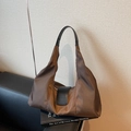 Brown nylon shoulder bag with black leather straps and magnetic buckle flap - Coffee