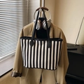 Chic black and white vertical striped canvas tote bag with large capacity shoulder straps - Black without Pendant