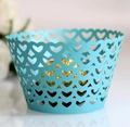 Detail of sky blue laser-cut heart pattern cupcake wrapper for wedding party decor - 5cm / Teal Blue