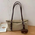 Bolso tote minimalista color caqui con correas de cuero marrón y mini bolso a juego - Caqui
