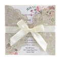 Champagne gold glitter laser-cut wedding invitation with ivory bow and floral card - Light Gold