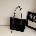 Black embroidery tote bag with cat pattern and premium brown leather straps - Black without Pendant