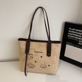 Beige tote bag with cat embroidery and brown leather straps for daily commute - Khaki No Pendant