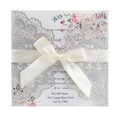 Elegant laser-cut silver glitter wedding invitation with satin ribbon and floral insert card - Glitter Silver