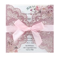 Laser cut rose gold glitter wedding invitation card with ribbon and floral insert - Glitter Pink