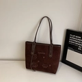 Dark coffee suede tote bag featuring elegant cat embroidery and slim shoulder straps - Coffee No Charm