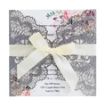 Detailed laser-cut silver glitter wedding invitation cover with elegant silk ribbon bow - Glitter Charcoal Silver